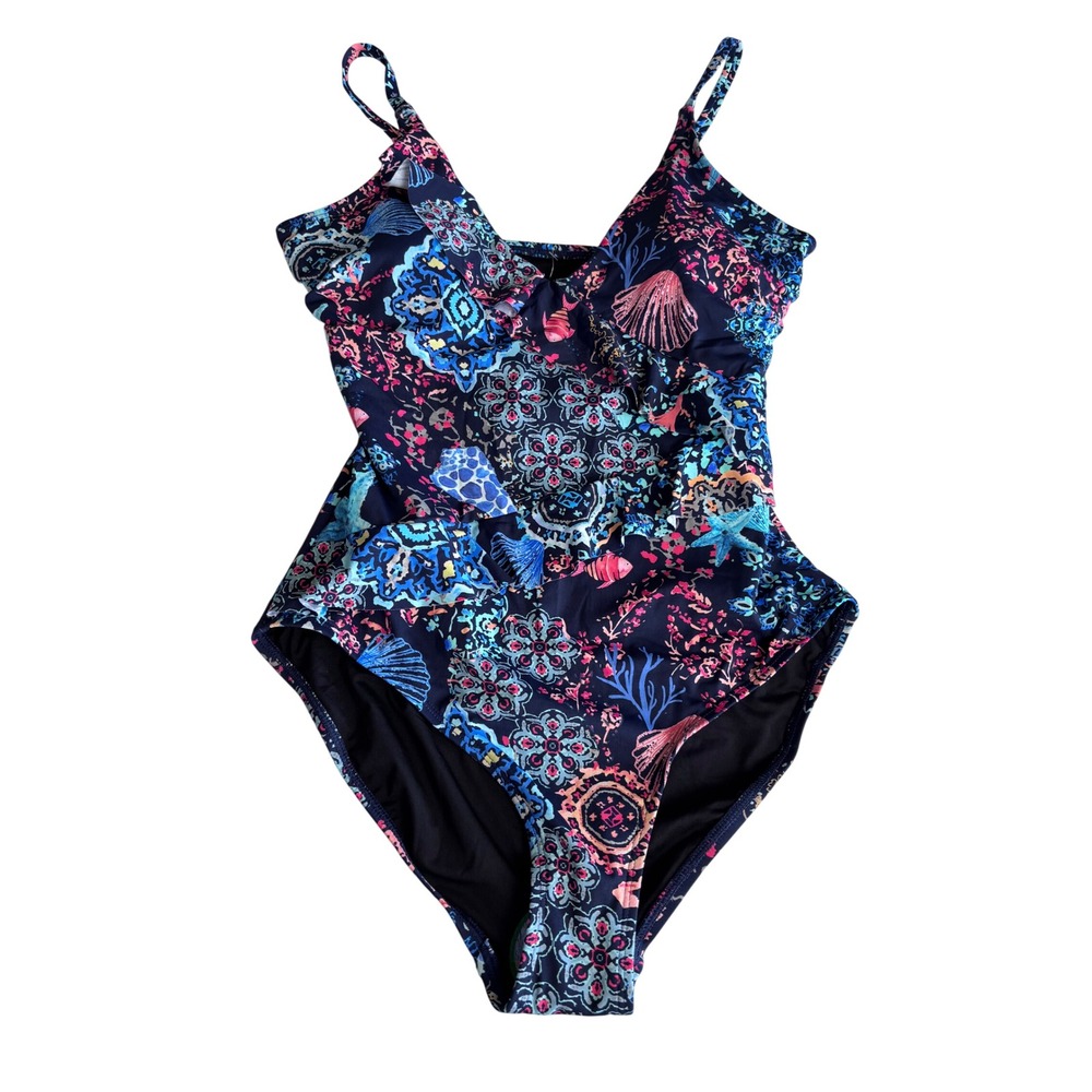 Tribal Sport Womens Nautical Mandala Ruffle One Piece Swimsuit Blue Pink M NWT